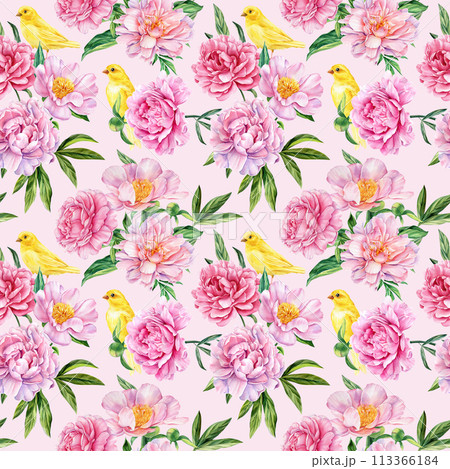 Seamless pattern with floral. Watercolor birds and peonies flowers background. Spring illustration romantic, hand drawn Seamless pattern with floral. Watercolor birds and peonies flowers background. Spring illustration romantic, hand drawn 113366184