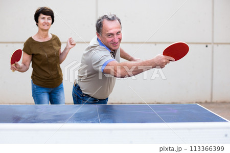 Mature man and woman playing table tennis 113366399
