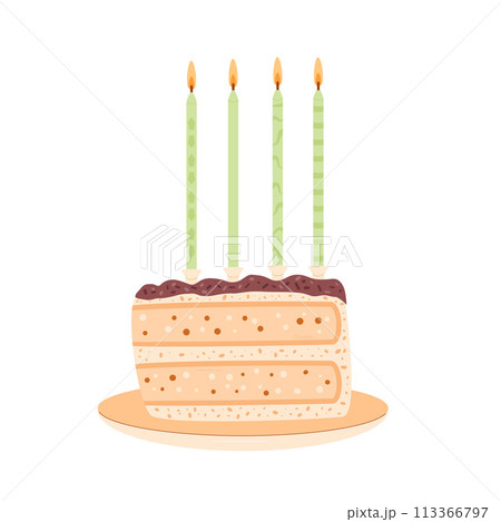 Anniversary cake piece with flaming candles. Sweet holiday bakery slice. Pastry dessert with cream. Vector birthday pie hand drawn illustration isolated on white background. Anniversary cake piece with flaming candles. Sweet holiday bakery slice. Pastry dessert with cream. Vector birthday pie hand drawn illustration isolated on white background. 113366797