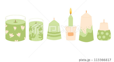 Scented soy candles set. Handmade aromatic candlelight isolated in white background. Hygge time and handcraft. Aromatherapy and relaxation home decor. Vector hand drawn illustration 113366817