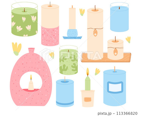 Scented crafted candles different shapes set. Wax, soy, paraffin candles in jar, containers pillar. Aroma spa accessories for relax collection. Home decor items. Vector flat illustration 113366820
