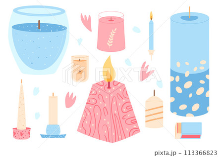 Scented candles different shapes set. Wax, soy, paraffin candles in containers pillar. Spa accessories for relax collection isolated. Interior cosy decoration. Vector flat illustration Scented candles different shapes set. Wax, soy, paraffin candles in containers pillar. Spa accessories for relax collection isolated. Interior cosy decoration. Vector flat illustration 113366823