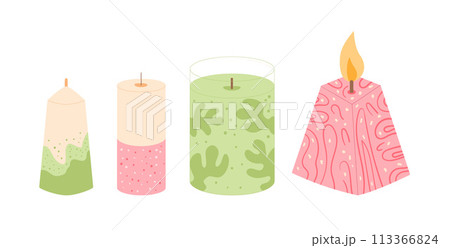 Candles set. Handmade aromatic candlelight isolated in white background. Hygge time. Aromatherapy and relaxation home decor. Vector cartoon illustration. 113366824