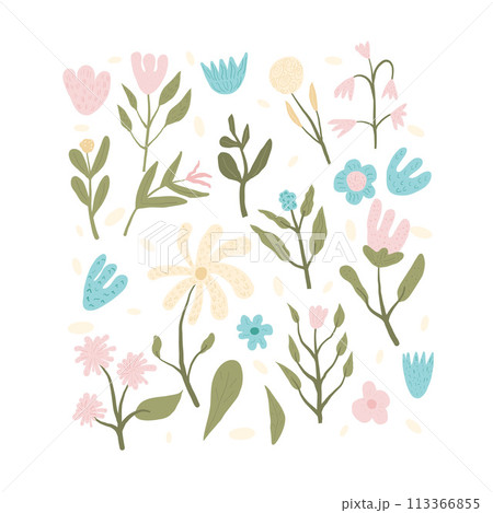 Hand drawn flowers set. Botanical various nature spring elements. Modern abstract floral, geometric and leaves shapes. Vector illustration. Hand drawn flowers set. Botanical various nature spring elements. Modern abstract floral, geometric and leaves shapes. Vector illustration. 113366855