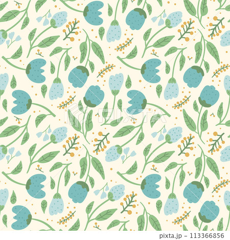 Flowers seamless pattern. Blue wildflowers endless background. Summer meadow repeat cover. Botanic loop ornament. Vector hand drawn illustration. Flowers seamless pattern. Blue wildflowers endless background. Summer meadow repeat cover. Botanic loop ornament. Vector hand drawn illustration. 113366856