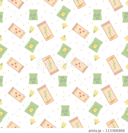 Gardening seeding plant seamless pattern. Spring horticulture items endless background. Planting flowers and vegetables at home loop cover. Vector hand drawn illustration. Gardening seeding plant seamless pattern. Spring horticulture items endless background. Planting flowers and vegetables at home loop cover. Vector hand drawn illustration. 113366866