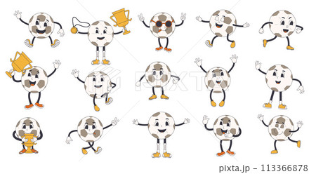 Soccer ball retro mascots set. Football groovy characters collection. Rubber hose animation style cartoon sport equipment isolated on white background. Championship competition. Vector. 113366878