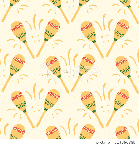 Maraca seamless pattern. Mexican musical tools repeat background. Festival traditional accessory endless cover. Simple loop ornament. Vector flat illustration. 113366889