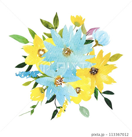 Yellow Blue Watercolour Flower Clipart Floral Arrangement with Flowers Leaves 113367012
