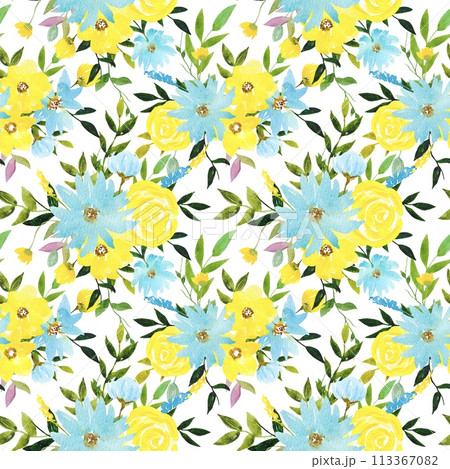 Floral pattern with blue and yellow flowers, watercolor 113367082