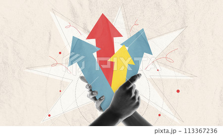 Poster. Contemporary art collage. Black and white hands holding bunch of colorful arrows pointing up against textured background. Poster. Contemporary art collage. Black and white hands holding bunch of colorful arrows pointing up against textured background. 113367236