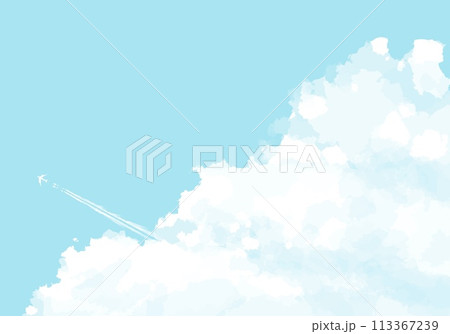 空に浮かんだ巨大な雲と飛行機雲のシンプルなイラスト 113367239