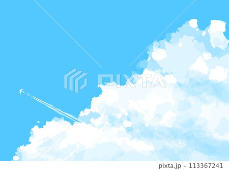 空に浮かんだ巨大な雲と飛行機雲のシンプルなイラスト 113367241