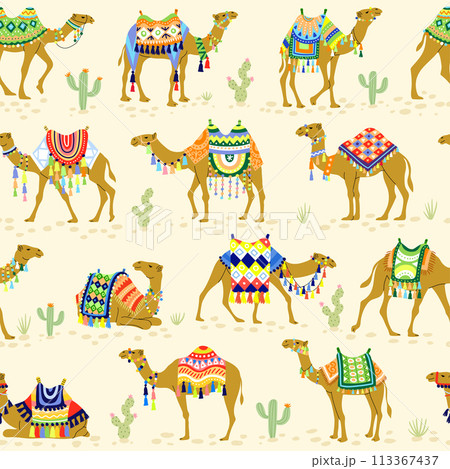 Camel pattern. Seamless background with decorative camels illustrations recent vector template for textile design 113367437