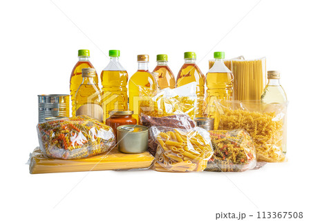 Foodstuff for donation isolated on white background, storage and delivery. Various food, pasta, cooking oil and canned food. 113367508