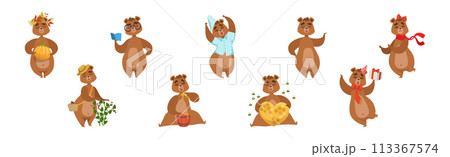 Funny Brown Bear Animal Forest Character Engaged in Different Activity Vector Set 113367574