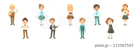 Kid Pupil Character Standing with Book Back to School Lesson Vector Set 113367587