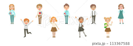 Kid Pupil Character Standing with Book Back to School Lesson Vector Set 113367588