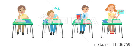 Kid Pupil Character at School Lesson Having Primary Education Vector Set Kid Pupil Character at School Lesson Having Primary Education Vector Set 113367596