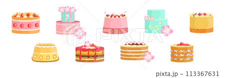 Creamy Tier Cake with Top Decoration Vector Set Creamy Tier Cake with Top Decoration Vector Set 113367631