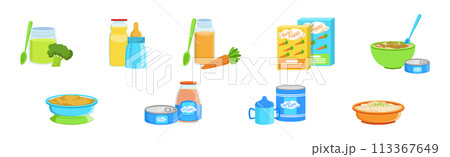 Baby Vitamin Food and Healthy Product Vector Set Baby Vitamin Food and Healthy Product Vector Set 113367649