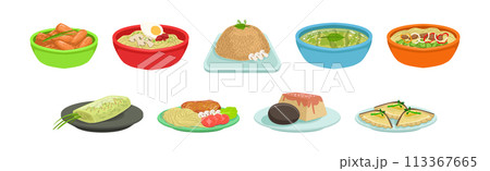 Different Food on Plate and in Bowl Served Vector Set 113367665