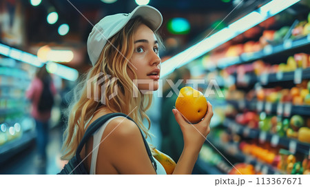 A young woman explores a vibrant fruit market, picking up fresh produce with enthusiasm. The joy of shopping for healthy food. Generative AI. 113367671