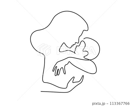 Mom holding a new born baby. Line art family portrait. 113367766
