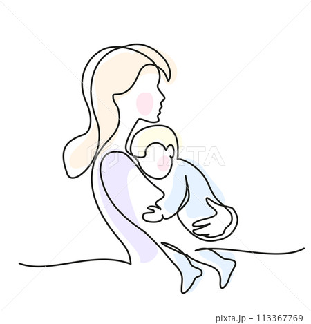 Mom holding a new born baby. Line art family portrait. Mom holding a new born baby. Line art family portrait. 113367769