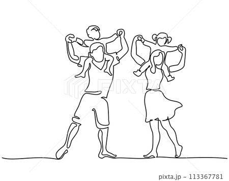 Father and mother dancing while holding children on shoulders. Happy family concept Father and mother dancing while holding children on shoulders. Happy family concept 113367781