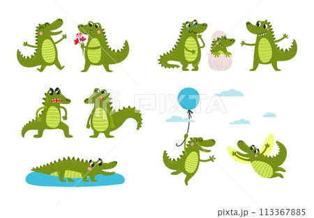 Scenes with cute cartoon crocodiles. Crocodile family with newborn reptile from egg, flying and emotional wild animals. vector childish mascots 113367885