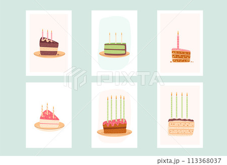 Birthday greeting cards set with cake slice. Sweet bakery holiday vertical posters. Pastry dessert with cream and candles festive flyer. Vector pie hand drawn illustration background. Birthday greeting cards set with cake slice. Sweet bakery holiday vertical posters. Pastry dessert with cream and candles festive flyer. Vector pie hand drawn illustration background. 113368037