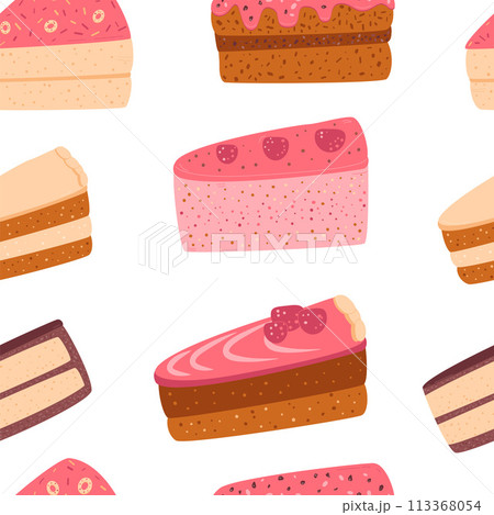 Cakes slices seamless pattern. Sweet bakery piece. Pastry dessert endless background. Vector pie repeat cover illustration 113368054