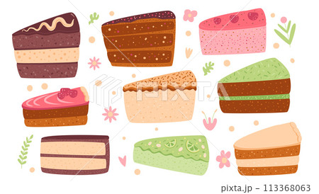 Slice of cakes collection. Sweet bakery pieces set. Pastry dessert with cream. Vector pie flat illustration isolated on white background 113368063