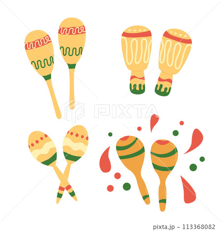 Maracas set. Mexican musical tools. Festival traditional accessory. Vector flat hand drawn illustration isolated on white background. Maracas set. Mexican musical tools. Festival traditional accessory. Vector flat hand drawn illustration isolated on white background. 113368082