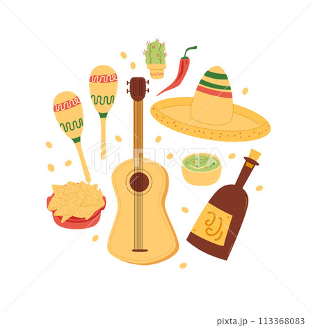 Mexican round emblem. Cinco de Mayo collection elements in circle shape. Musical tools, traditional cuisine. Mexican festivals and traditions. Vector illustration isolated on white background. 113368083