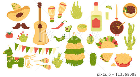 Mexican set. Cinco de Mayo collection elements. Hand drawn pinata, musical tools, traditional cuisine. Mexican festivals and traditions. Vector illustration isolated on white background. 113368088