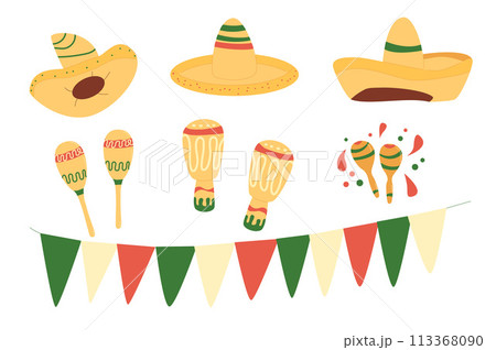 Cinco de Mayo elements set. Sombrero , maracas, flag garland. Mexican Festival traditional items. Vector flat hand drawn illustration isolated. 113368090