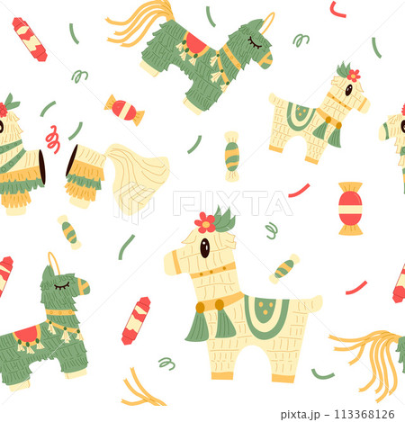 Pinana seamless pattern. Traditional mexican party endless background. Cinco de mayo repeat cover. Vector illustration. 113368126