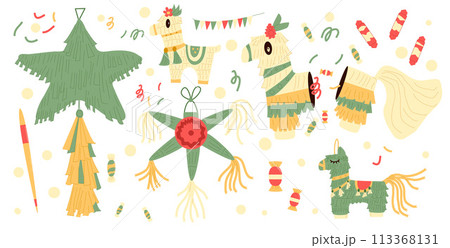 Pinana set for traditional mexican party. Carnival and birthday various toy for celebration play. Horse and star shape paper accessories with bat and sweets confetti Vector illustration Pinana set for traditional mexican party. Carnival and birthday various toy for celebration play. Horse and star shape paper accessories with bat and sweets confetti Vector illustration 113368131