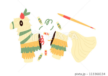 Pinana broken isolation on white background. Horse shape item for traditional mexican party. Local event elements. Carnival and birthday toy for celebration. Vector illustration Pinana broken isolation on white background. Horse shape item for traditional mexican party. Local event elements. Carnival and birthday toy for celebration. Vector illustration 113368134