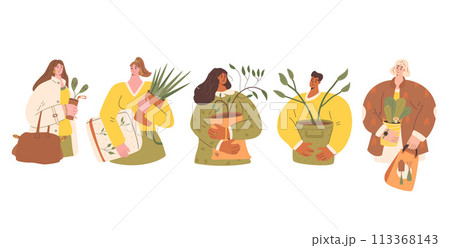 People with plants and gardening sampling isolated on white background. Horticulture gardener hobby characters set. Women and man portrait with home garden purchase. Vector illustration. 113368143