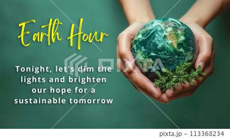 Earth Hour concept. Hand hand holding globe representing Earth Day Earth Hour concept. Hand hand holding globe representing Earth Day 113368234