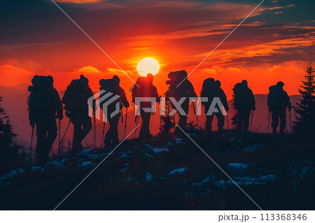 Group of People Hiking Up a Hill at Sunset Generative AI Group of People Hiking Up a Hill at Sunset Generative AI 113368346