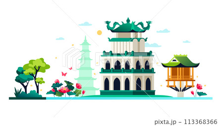 Shinto shrines in Vietnam - modern colored vector illustration 113368366