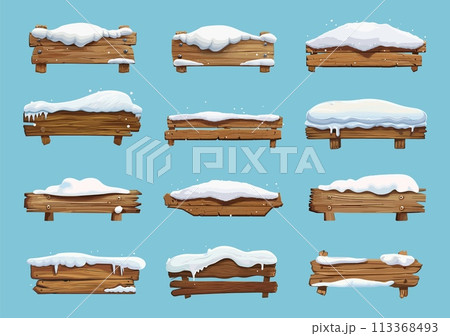 Wooden banners with snow caps. Wood elements, winter snowy elements and snowfall. Cartoon seasonal vector collection 113368493