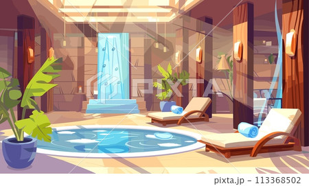 Wellness relax room. Spa center with water pool and resting sofas. Meditation area, body and mind rest. Vector cartoon illustration 113368502
