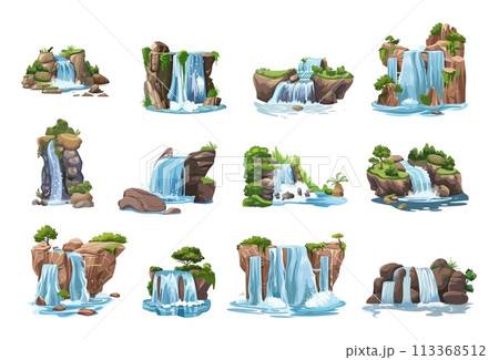 Waterfalls cartoon elements. Nature waterfall landscape with stones and trees. Exotic forest objects, isolated natural vector collection 113368512