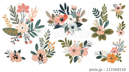 Simple wedding floral decorative elements for invitation or cards. Isolated flat flowers and leaves, bouquets for bride vector set 113368538