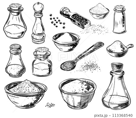 Salt and peppers. Sketch of crushed pepper, sea salted piles. Spices in bowls, spoon and shakers. Hand drawing cooking elements, vector collection Salt and peppers. Sketch of crushed pepper, sea salted piles. Spices in bowls, spoon and shakers. Hand drawing cooking elements, vector collection 113368540